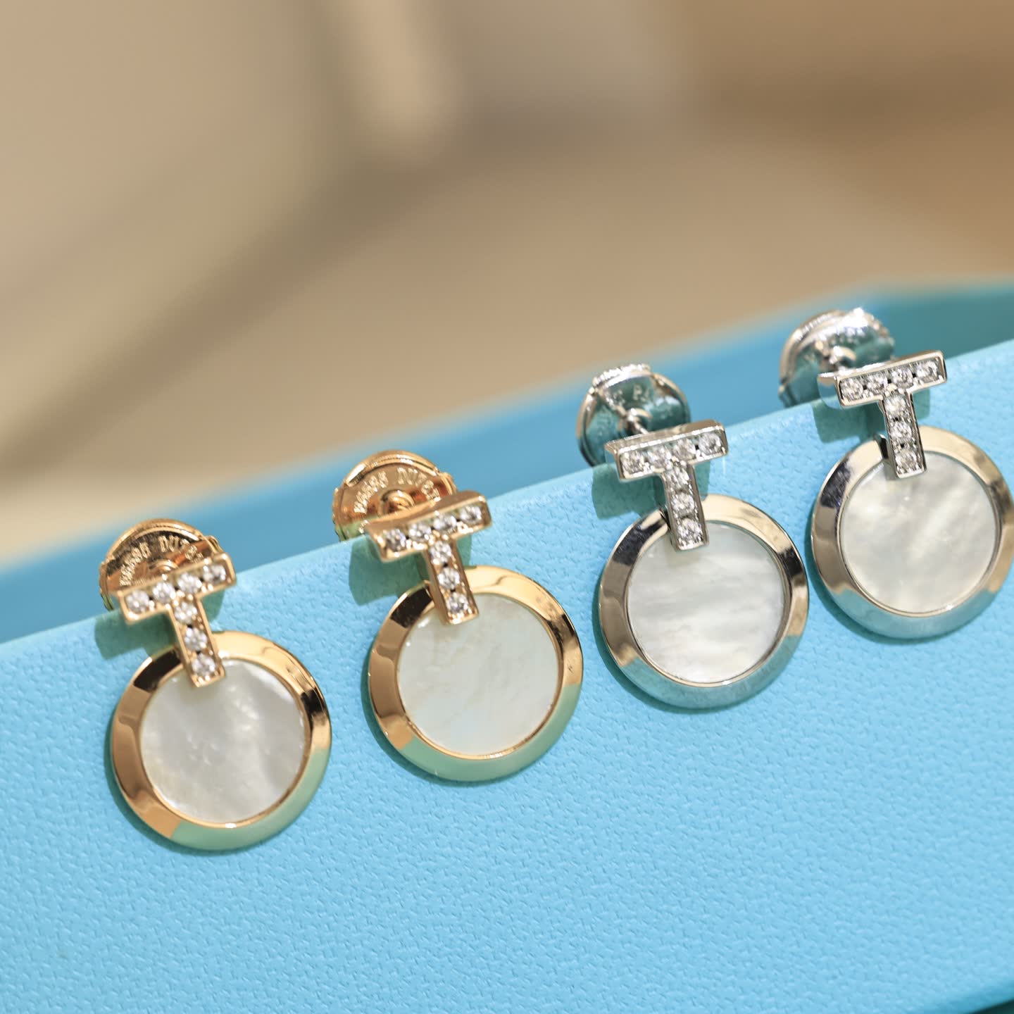 Tiffany & Co T Tahari Gold Tone Pearl Stud Earrings with Crystal Accents
